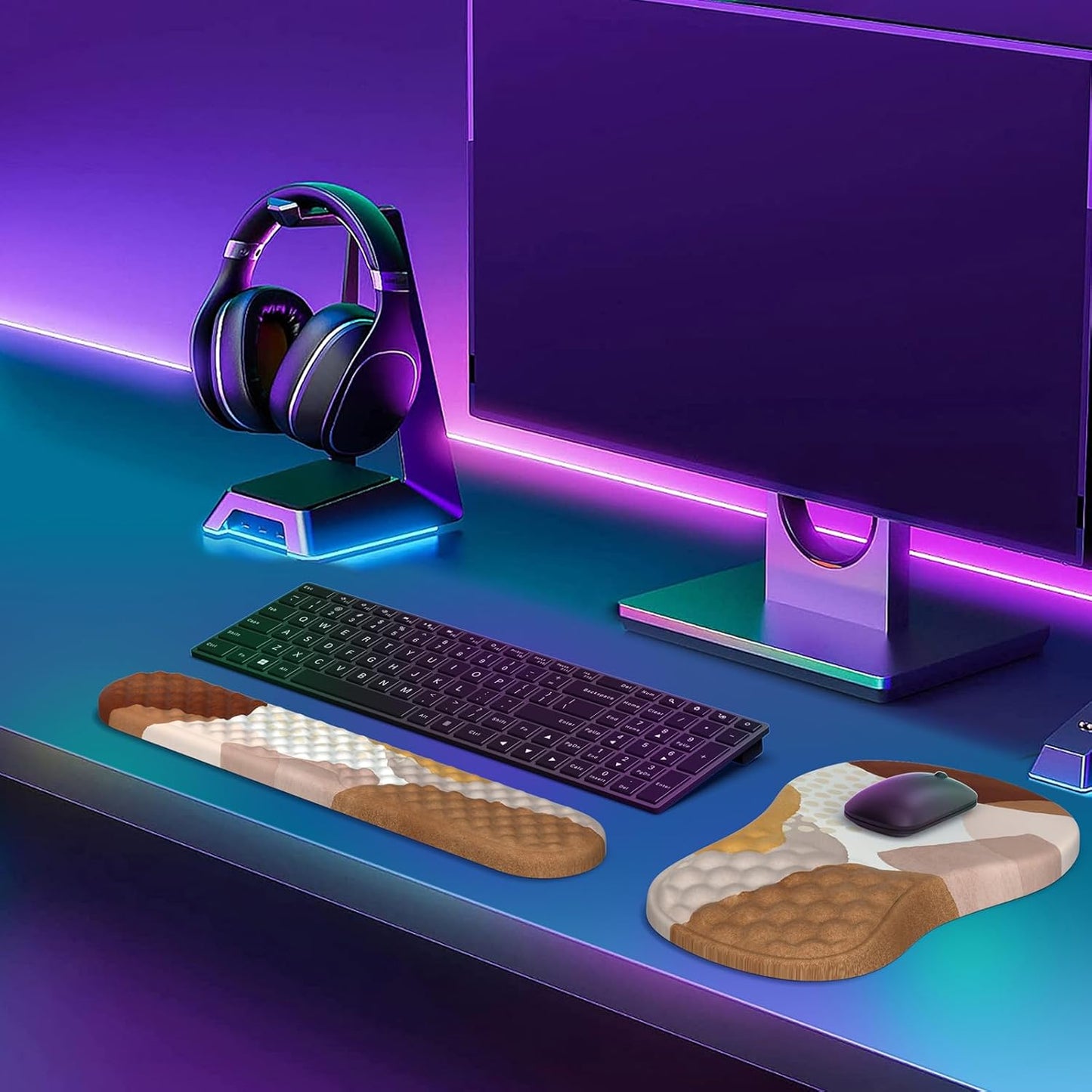 HAOCOO Keyboard Wrist Rest, Ergonomic Mouse Pad with Wrist Rest, 3 in 1 Keyboard and Mouse pad with Coaster Set, Memory Foam Wrist Support, Non-Slip PU Base for Home Office, Rose Gold Pink