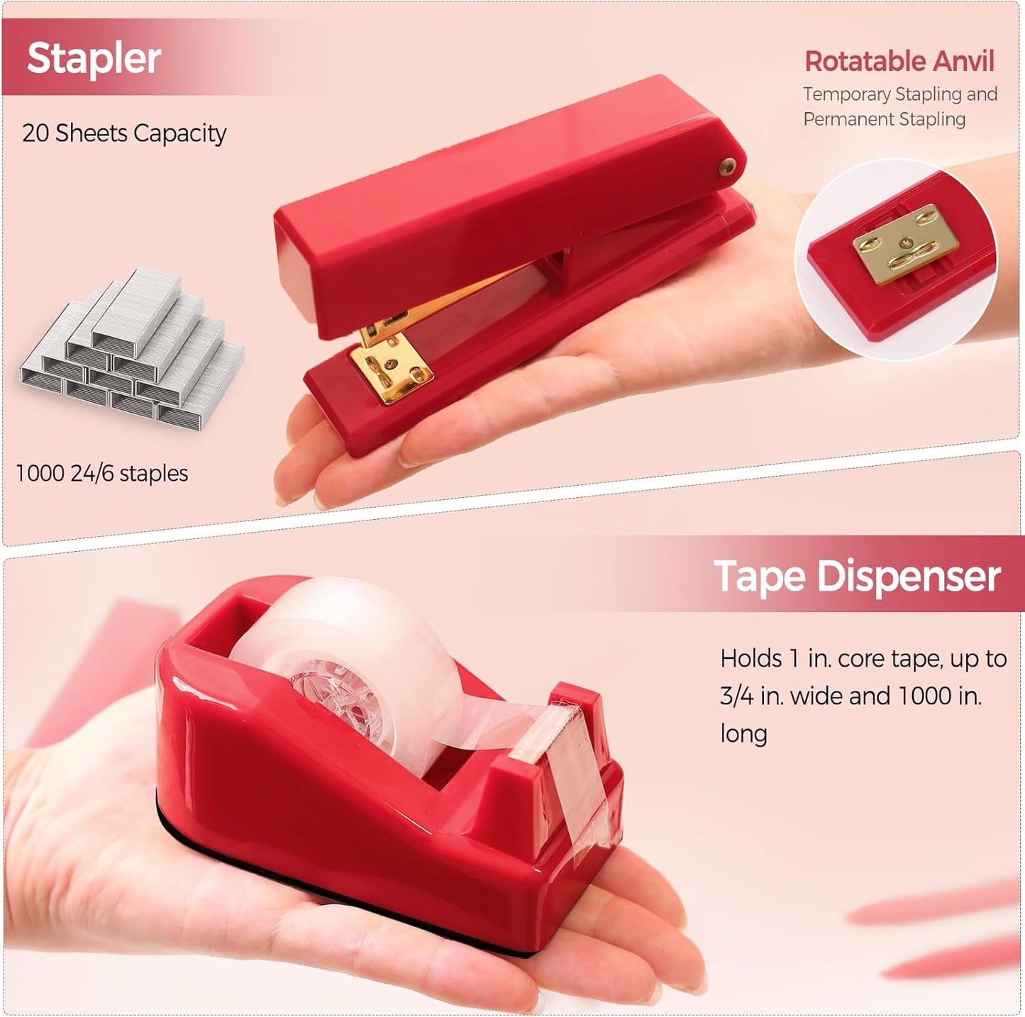 SKYDUE Pink Desk Accessories 10Pcs, Rotating Pen Holder for Desk, Stapler, Staple Remover, Tape Dispenser,2pcs Tape Refills, Binder Paper Clips Kit, Scissor,Pink Office School Supplies