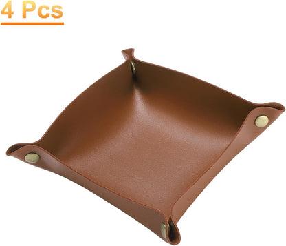HARFINGTON 4pcs PU Leather Valet Tray Unisex Folding Small Catchall Tray Portable Entryway Table Tray Nightstand Bedside Desk Tray for Key Wallet Watch Coin Jewelry Dice, Pink