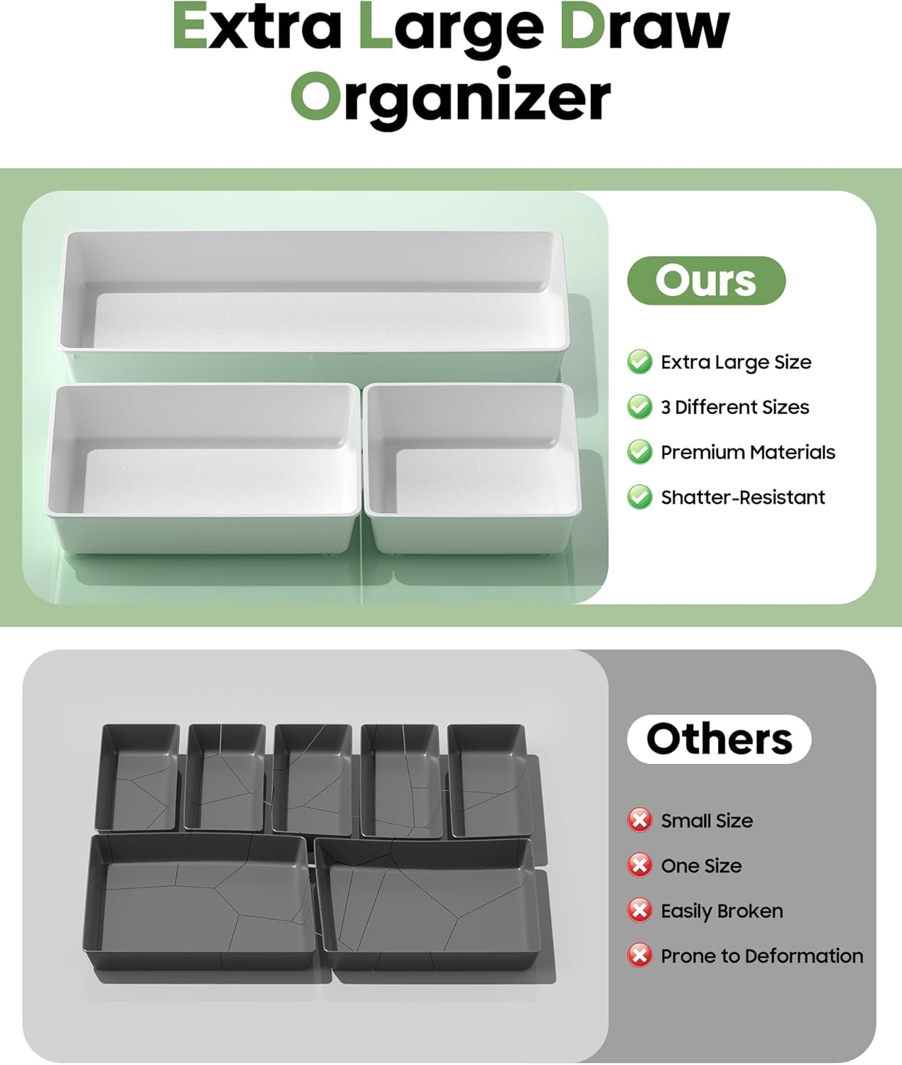 10 Pack Large Size Plastic Drawer Organizers Set, 3 Sizes Desk Drawer Organizer Trays, Storage Bins for Vanity, Makeup, Bathroom, Kitchen Utensils and Office (Black)