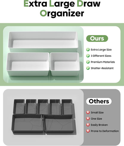 10 Pack Large Size Plastic Drawer Organizers Set, 3 Sizes Desk Drawer Organizer Trays, Storage Bins for Vanity, Makeup, Bathroom, Kitchen Utensils and Office (Black)
