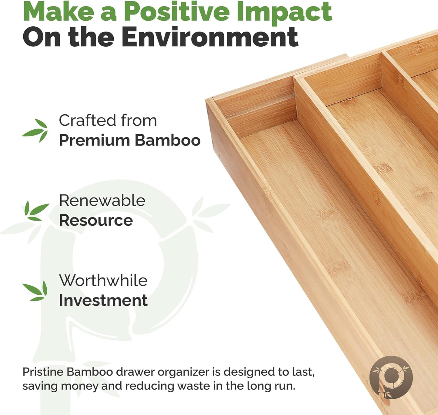 Pristine Bamboo Expandable Drawer Organizers for Kitchen - Extra Deep Non-Slip 17” x 14.6” (expands up to 25 inches) - Dark Wooden Silverware Divider (10 Compartments) – Organize Cooking Utensils