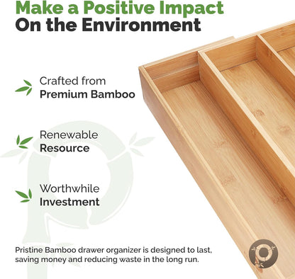 Pristine Bamboo Expandable Drawer Organizers for Kitchen - Extra Deep Non-Slip 17” x 14.6” (expands up to 25 inches) - Dark Wooden Silverware Divider (10 Compartments) – Organize Cooking Utensils