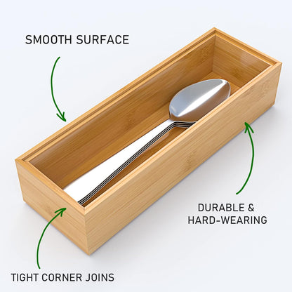 VeyFey Bamboo Drawer Organizer, Stackable Utensil Organizer for Kitchen, Bamboo Storage Box Wood Silverware Tray for Drawer 15" x 6" x 2" Set of 2