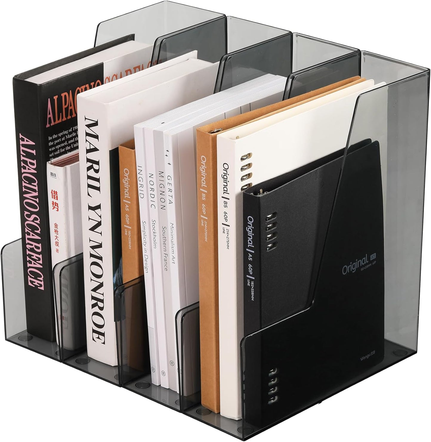 CiWiVOKi Vertical File Holder, Clear PET Desk Organizer and Storage Bins Holding for Magazines, Binders, Notebooks, Envelopes, Multi-purpose Plastic Document Organizer for Home Office, 4 pack