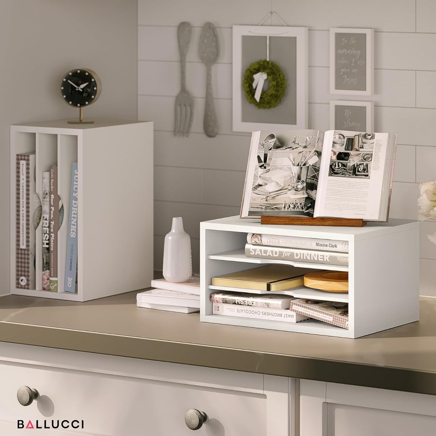 Ballucci File Organizer, 2-Tier Document Paper Sorter, Stackable Wood Desk Organizer Mail Holder, Monitor Stand with Storage Shelves, White