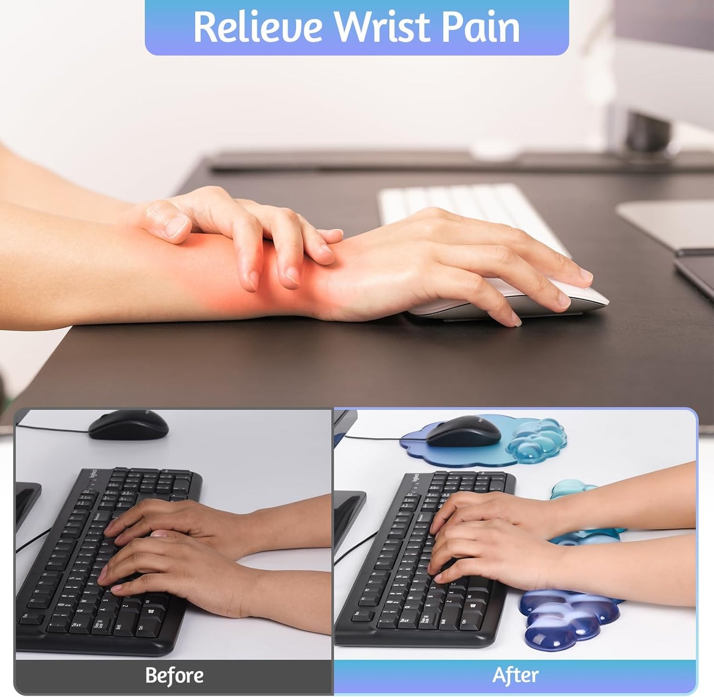 Gel Wrist Rest and Cloud Mouse Pad Support for Keyboard and Mouse - Ergonomic Pink Keyboard Wrist Pad Set for Typing Pain Relief/Computer/Laptop/Gaming/Home/Office (Cloud Shape, Gradient Blue Pink)