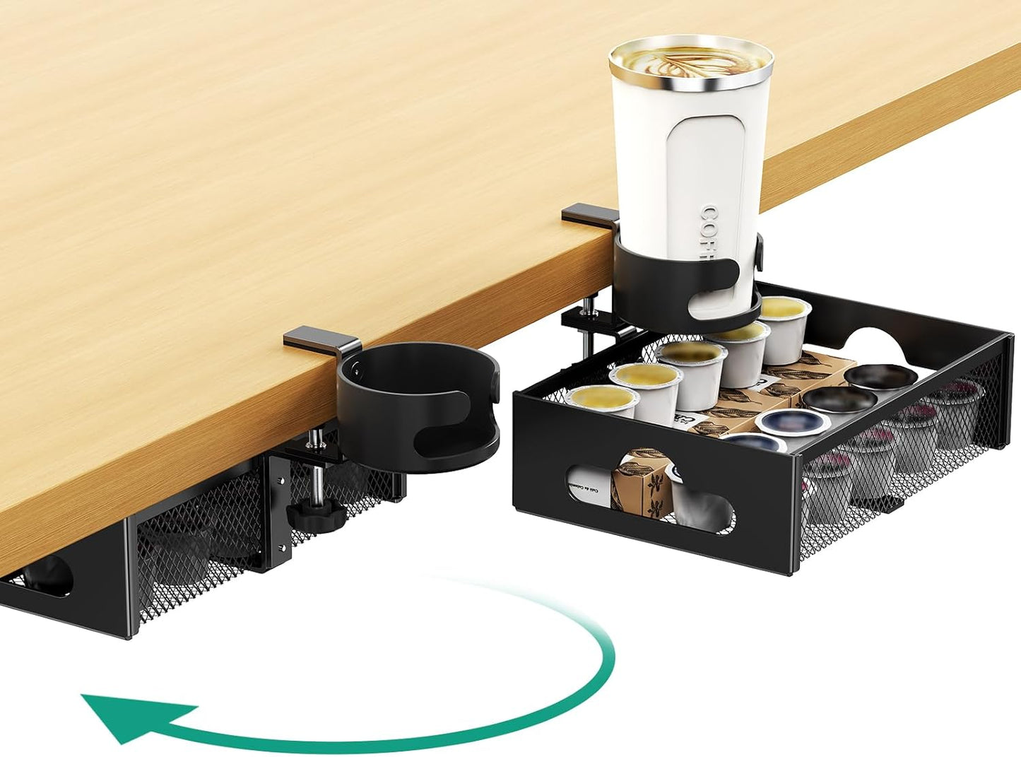 CABTE Desk Cup Holder with Drawer Organizer, Anti-Spill Clip-On Table Cup Hook with 360° Rotation Hidden Storage Box for Office Home Gaming Table (Black)
