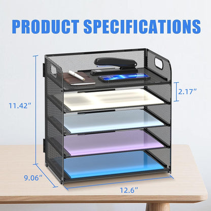 Supeasy 5 Trays Paper Organizer Letter Tray with Handle-Mesh Desk File Holders, Paper Sorter Desk Organizer for Office, Home, Classroom or School, White