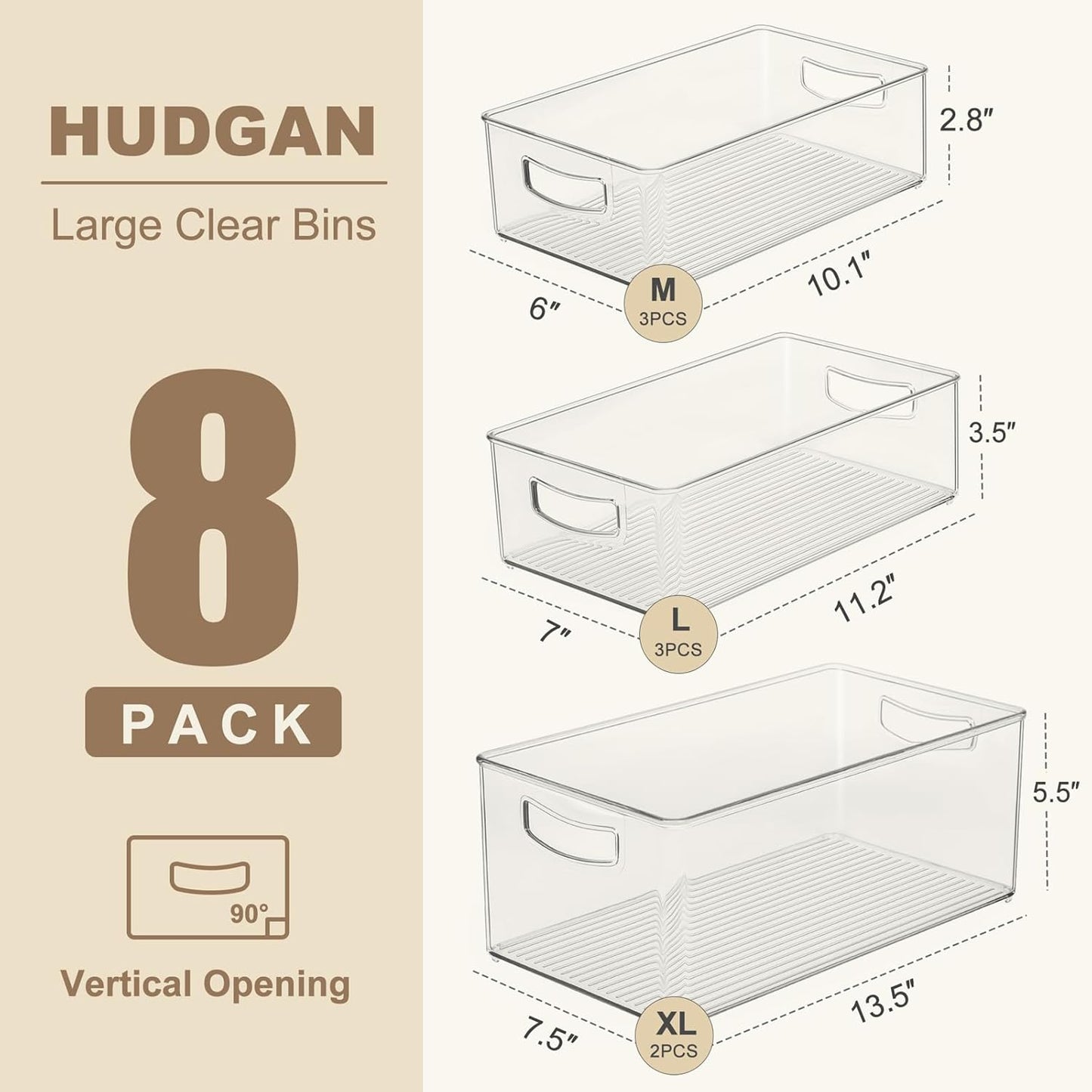 Hudgan 8 Pack Pantry Organizer and Storage, 2 Extra Large Stackable Freezer Organizer Bin, 3 Large Clear Storage Bin and 3 Medium Plastic Container for Home Edit, Kitchen Cabinet, Bathroom Shelf