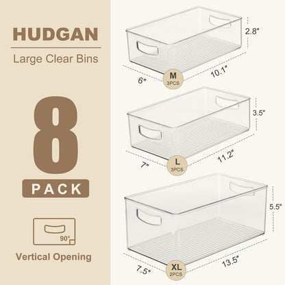 Hudgan 8 Pack Pantry Organizer and Storage, 2 Extra Large Stackable Freezer Organizer Bin, 3 Large Clear Storage Bin and 3 Medium Plastic Container for Home Edit, Kitchen Cabinet, Bathroom Shelf