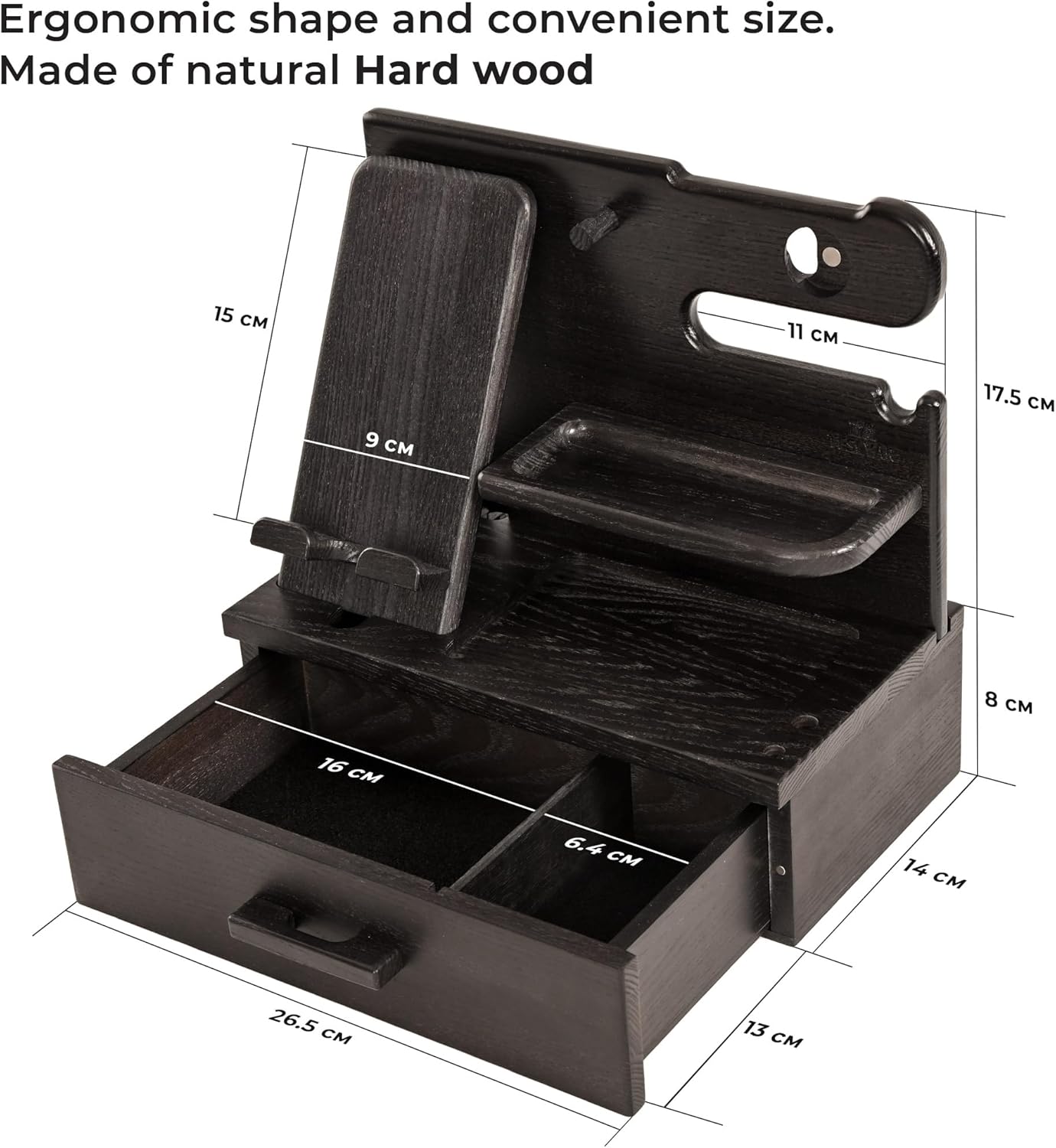 TESLYAR Wood Phone Docking Station with Drawer - Nightstand Organizer - Desk Organizer for Husband - Birthday Gifts for Men, Dad, Anniversary Idea, Key Holder Stand Watch & Accessories (Antique Brown)