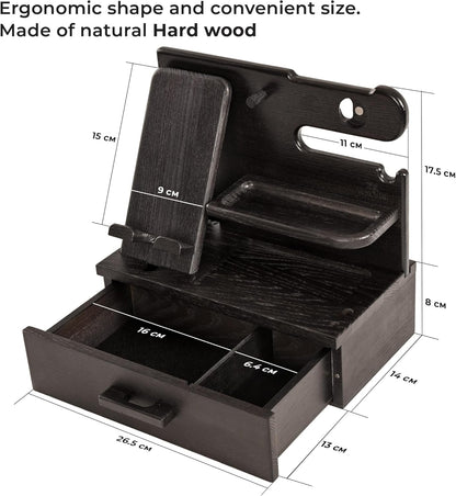 TESLYAR Wood Phone Docking Station with Drawer - Nightstand Organizer - Desk Organizer for Husband - Birthday Gifts for Men, Dad, Anniversary Idea, Key Holder Stand Watch & Accessories (Antique Brown)