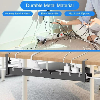 Under Desk Cable Management Tray – No Drill, Retractable Metal Cord Organizer with Clamp Mount, Adjustable Length (11.4" to 21.6"), Desk Wire Organizer for Home Office & Standing Desks, Black