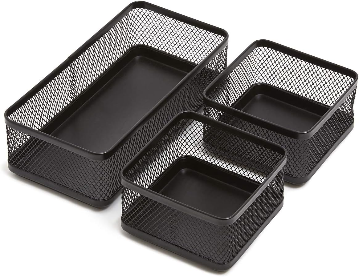 1InTheOffice Mesh Collection Desk Drawer Organizer Tray 3 Compartment - Stackable, Matte Black