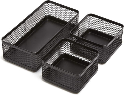 1InTheOffice Mesh Collection Desk Drawer Organizer Tray 3 Compartment - Stackable, Matte Black