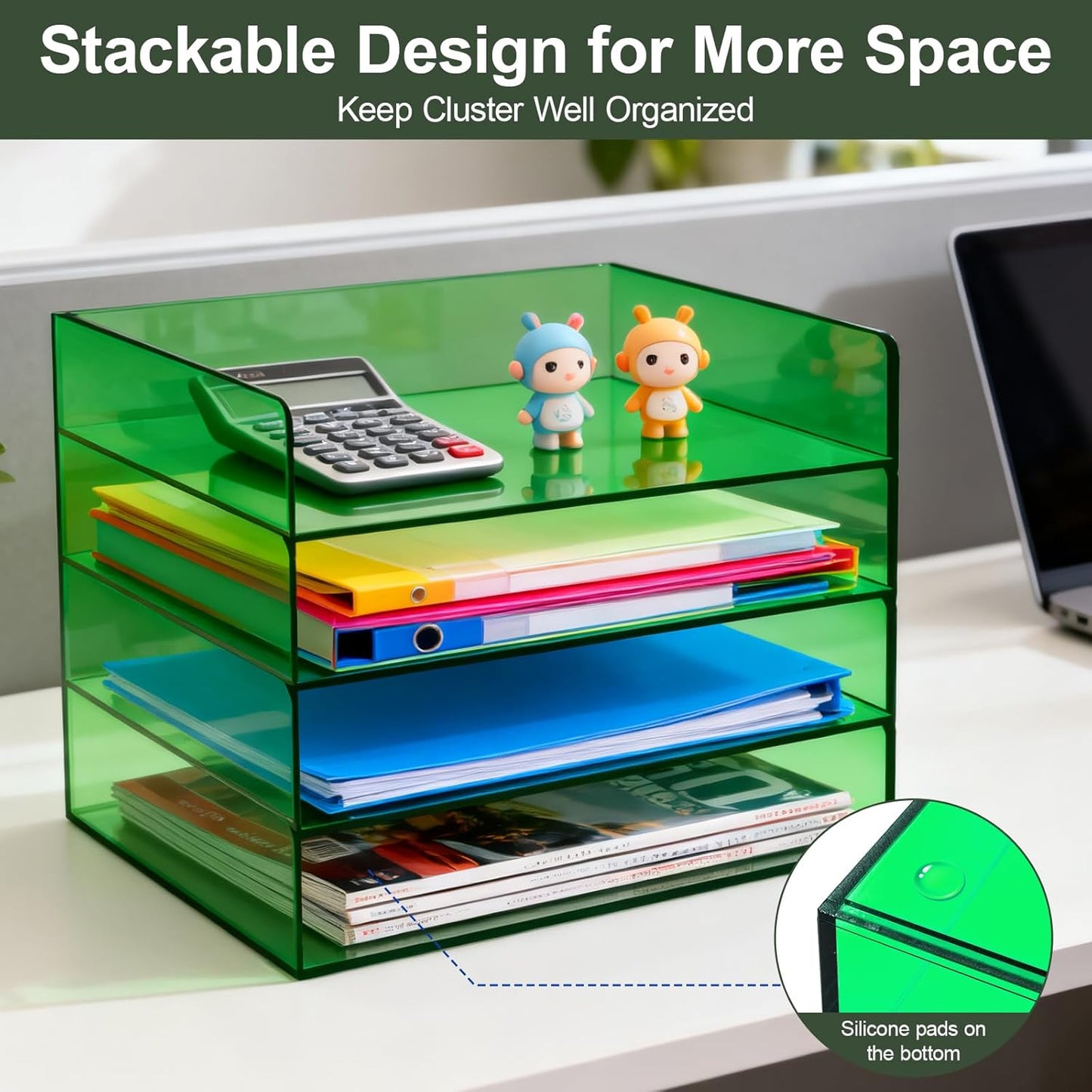 Gelite Acrylic File Organizer for Desk 4 Tiered Stackable Letter Tray Office Paper Storage Desktop Document Sorter, Neon Pink