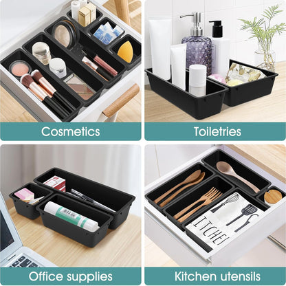 WOWBOX 25 PCS Clear Plastic Drawer Organizer Set, 4 Sizes Desk Drawer Divider Organizers and Storage Bins for Makeup, Jewelry, Gadgets for Kitchen, Bedroom, Bathroom, Office