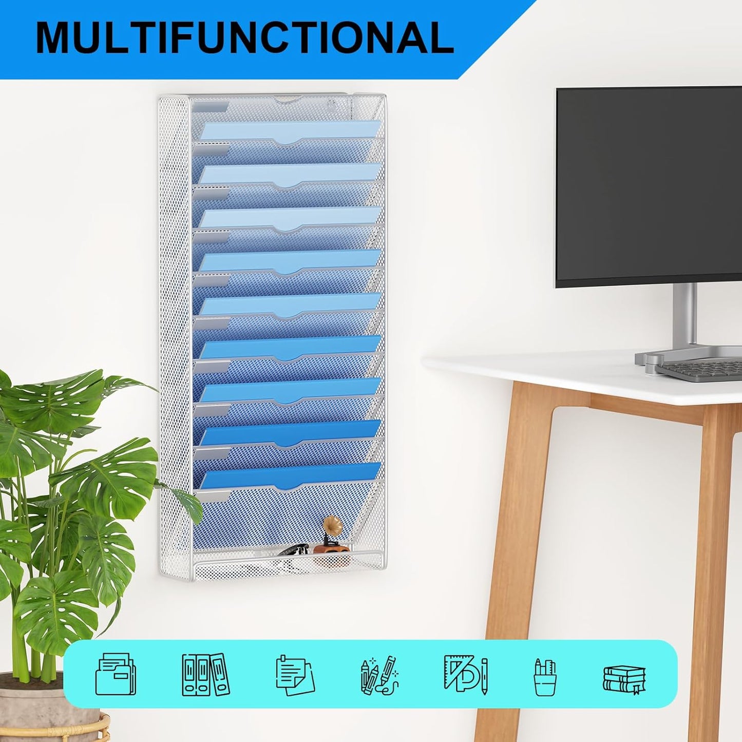 Wall File Organizer Holder Mesh Hanging Paper Document Holder,Vertical 6 Pocket Tier for Office Home, Black