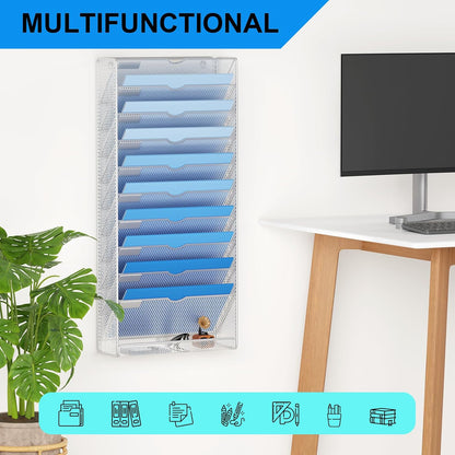 Wall File Organizer Holder Mesh Hanging Paper Document Holder,Vertical 6 Pocket Tier for Office Home, Black