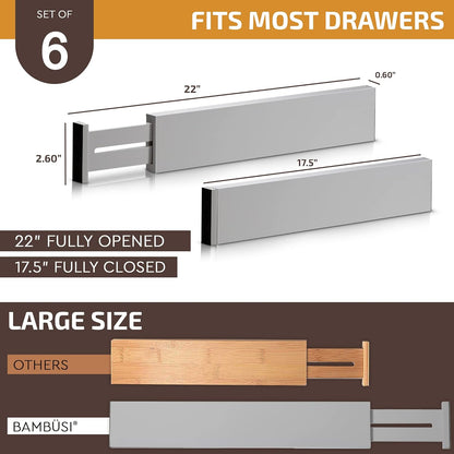 6-Pack Drawer Dividers - 2.6 Inches High, Adjustable 16 to 22 Inches Bamboo Drawer Organizer, Large Expandable Separator for Clothes, Dresser, Bedroom, Bathroom, Baby, Office, Kitchen Utensils, Black