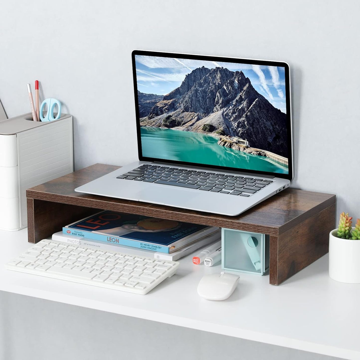 TEAMIX 20 inch White Monitor Stand Riser, Wood Desktop Stand for PC/TV/Laptop/Printer, White Monitor Riser with Storage, Computer Stand with Keyboard Organizer