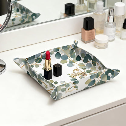 Valet Tray Catchall Trays Green Leaves Key Organizer Leather Tray Night Stand Organizer Bedside Vanity Trays Decor for Entryway Table