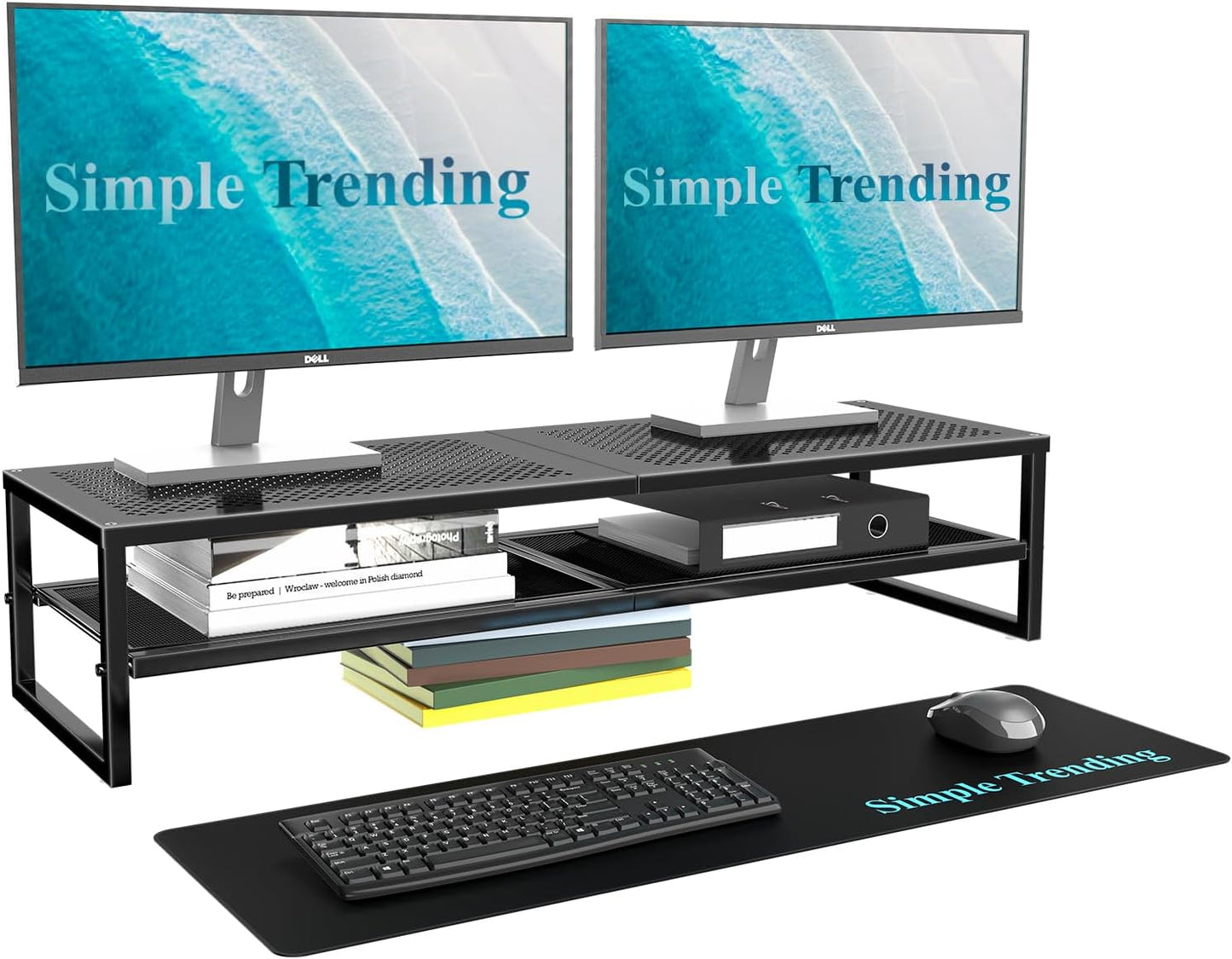 Simple Trending 2 Tier Metal Dual Monitor Stand Riser with 32"x10" Mouse Pad, Computer Desk Organizer for 2 Monitors, Laptop, Printer, TV, Black