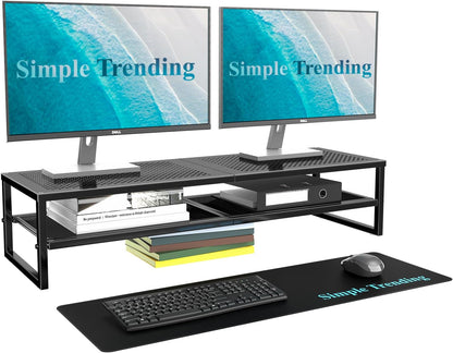 Simple Trending 2 Tier Metal Dual Monitor Stand Riser with 32"x10" Mouse Pad, Computer Desk Organizer for 2 Monitors, Laptop, Printer, TV, Black