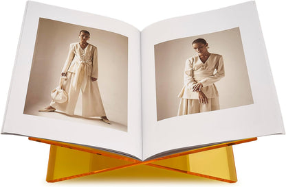 Honygebia Gold Acrylic Book Stands - Cross Frame Acrylic Book Holder, Open Bookstand for Display and Reading, Suitable for Art, Bible, Cookbook, Easel, Magazine, Textbooks 12.5" x 9.5" x 5.5"