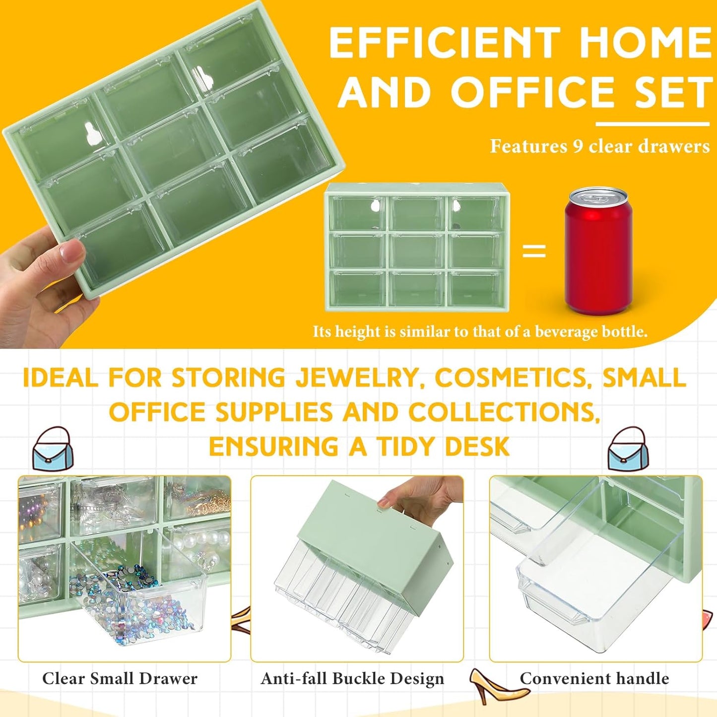 Wenqik 2 Pcs Mini Storage Drawers Teacher Toolbox Organizer with 9 Clear Drawers Small Plastic Desktop Teacher Desk Craft Organizer for Classroom Office 7" x 3. 9" x 4. 7"(Green)