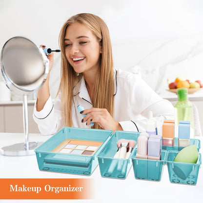 SpaceHacks 25 PCS Plastic Drawer Organizer Set, 4-Size Versatile Organizer Tool Trays & storage Bins for Makeup, Jewelry, and Gadgets in Bathroom, Bedroom and Office,Clear Black