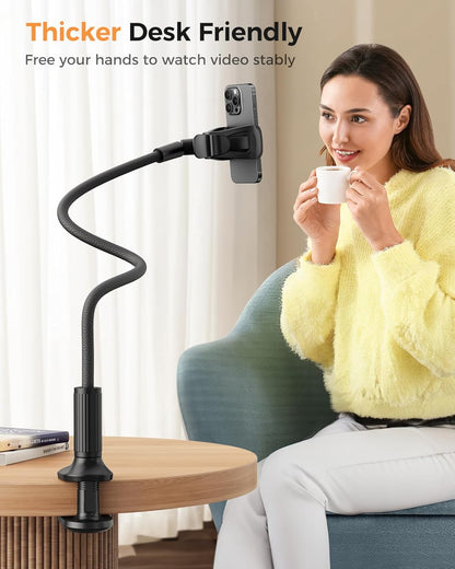 SAIJI Gooseneck Bed Phone Holder, Flexible Long Arm Phone Mount for Desk, Clip Bracket Clamp Stand, iPhone Stand, Mobile Cell Phone Stand Document Camera Nintendo Switch (Black)