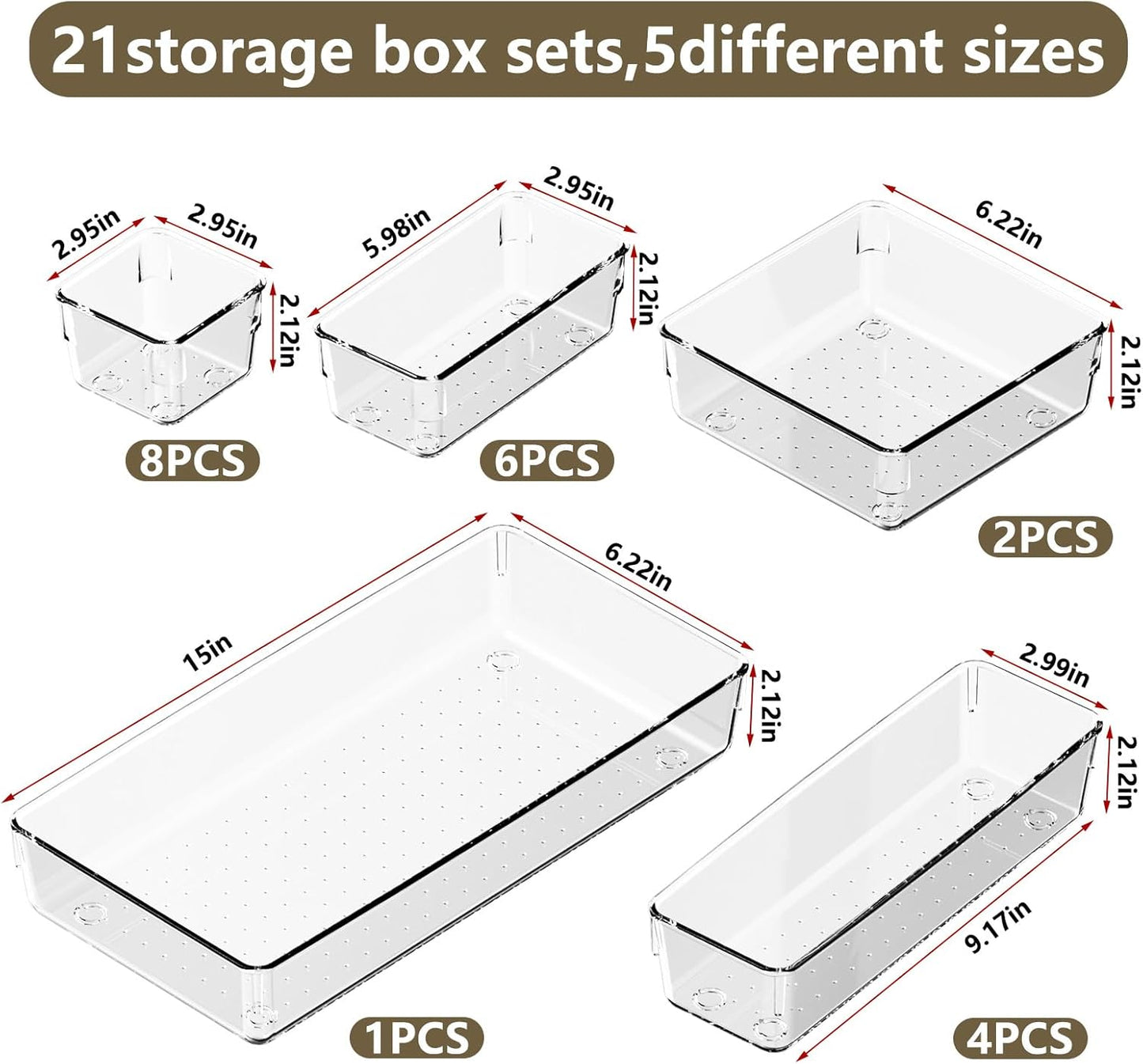 21 PCS Clear Plastic Drawer Organizer Set with 15 Inch Extra Long Bins, 5 Sizes Acrylic Makeup Organizer and Storage Trays, Non Slip Dividers for Vanity, Kitchen and Office