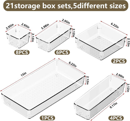 21 PCS Clear Plastic Drawer Organizer Set with 15 Inch Extra Long Bins, 5 Sizes Acrylic Makeup Organizer and Storage Trays, Non Slip Dividers for Vanity, Kitchen and Office
