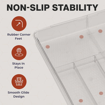 Masirs Expandable Utensil Drawer Organizer - BPA-Free Plastic Clear Silverware Tray with Multiple Compartments - Non-Slip Cutlery Storage for Kitchen, Bathroom, or Office Drawers (Clear)