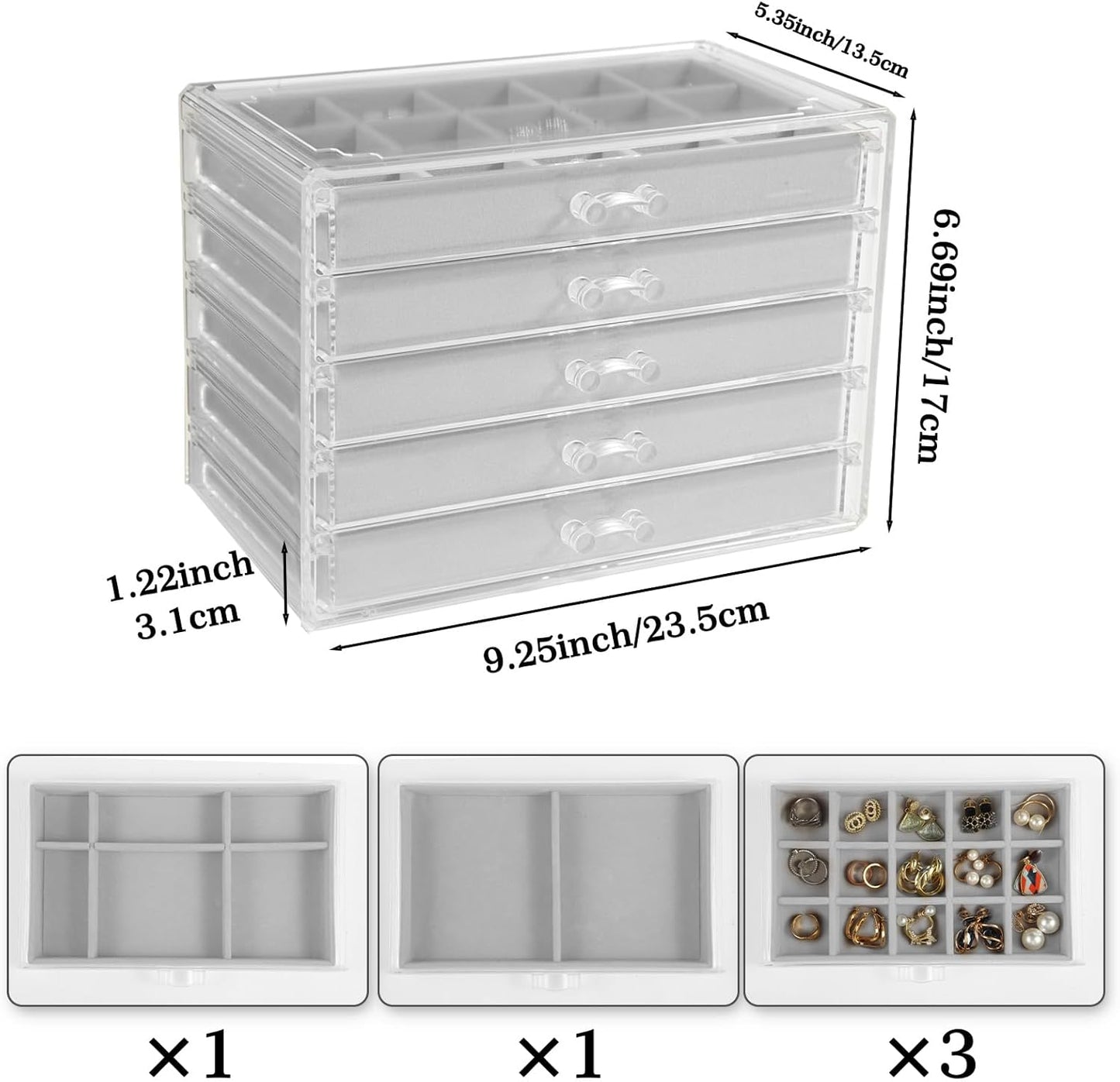 GUOER 5 Drawers Clear Jewelry Box for Women and Girls, Acrylic Earring Holder Organizer Ring Holder Display Storage, Mother's Day Warm White
