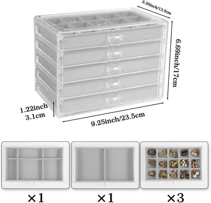 GUOER 5 Drawers Clear Jewelry Box for Women and Girls, Acrylic Earring Holder Organizer Ring Holder Display Storage, Mother's Day Warm White