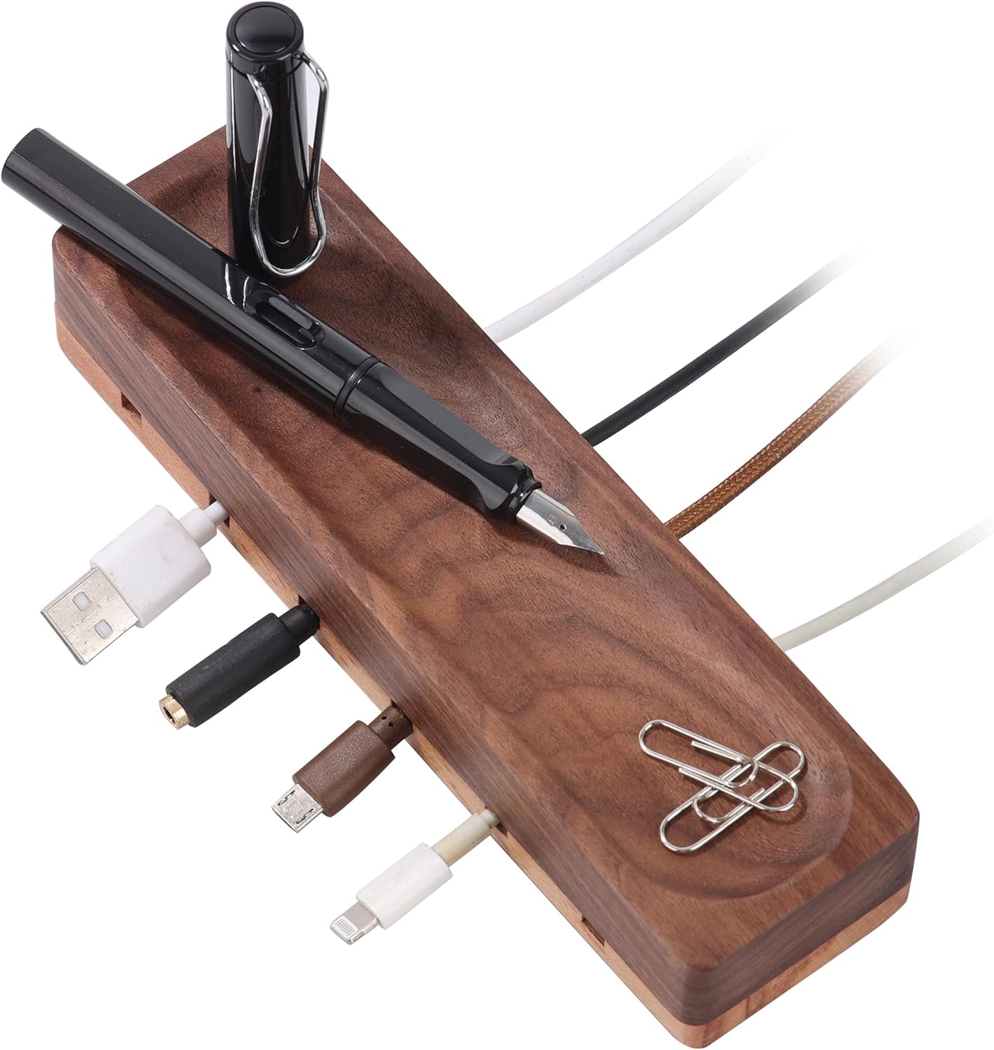 Magnetic Cord Holder with 6 Slots - Walnut & Beech Wood Cable Organizer for Lightning, USB, USB-C, Stick-on Design for Desk, Under Desk, Nightstand