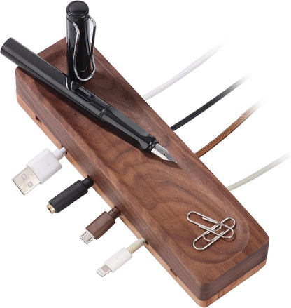 Magnetic Cord Holder with 6 Slots - Walnut & Beech Wood Cable Organizer for Lightning, USB, USB-C, Stick-on Design for Desk, Under Desk, Nightstand