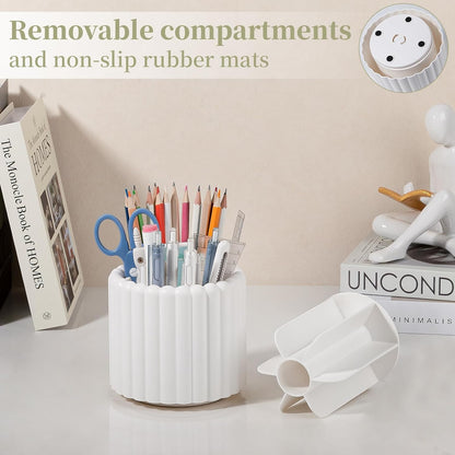 Anyoifax 360° Rotating Pen Holder 7 Slots Desk Organizer Removable Pencil Cup Plastic Art Supplies and Accessories Desktop Storage Box Caddy for Office, School, Home (White)
