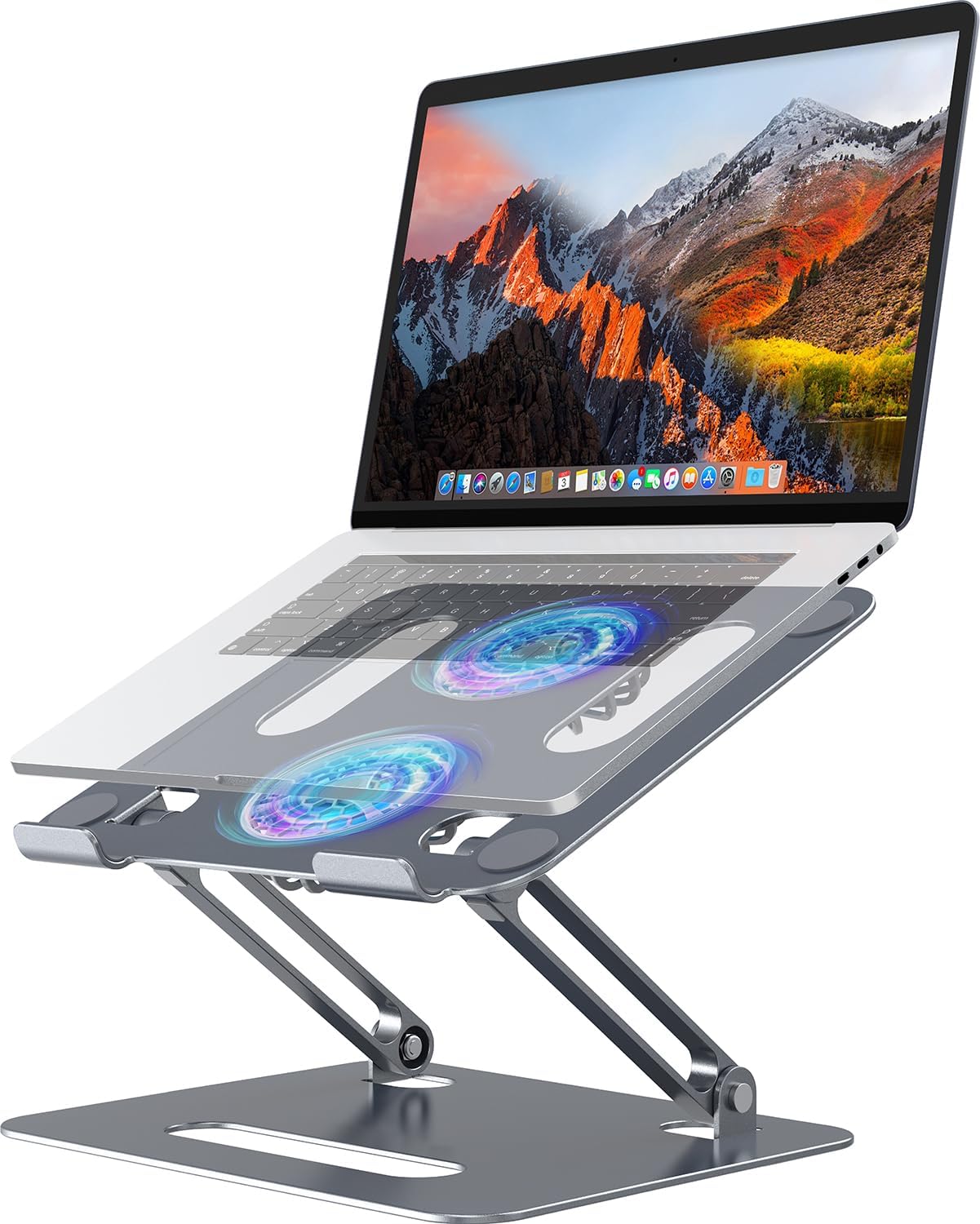 YICOSUN Adjustable Laptop Cooling Stand with 2 Quiet Fans & RGB Lighting, Aluminum Alloy & Foldable Ergonomic Design for MacBook, Lenovo, ASUS, Dell 10-16 Inch, Perfect for Gaming, DJ, Office - Silver