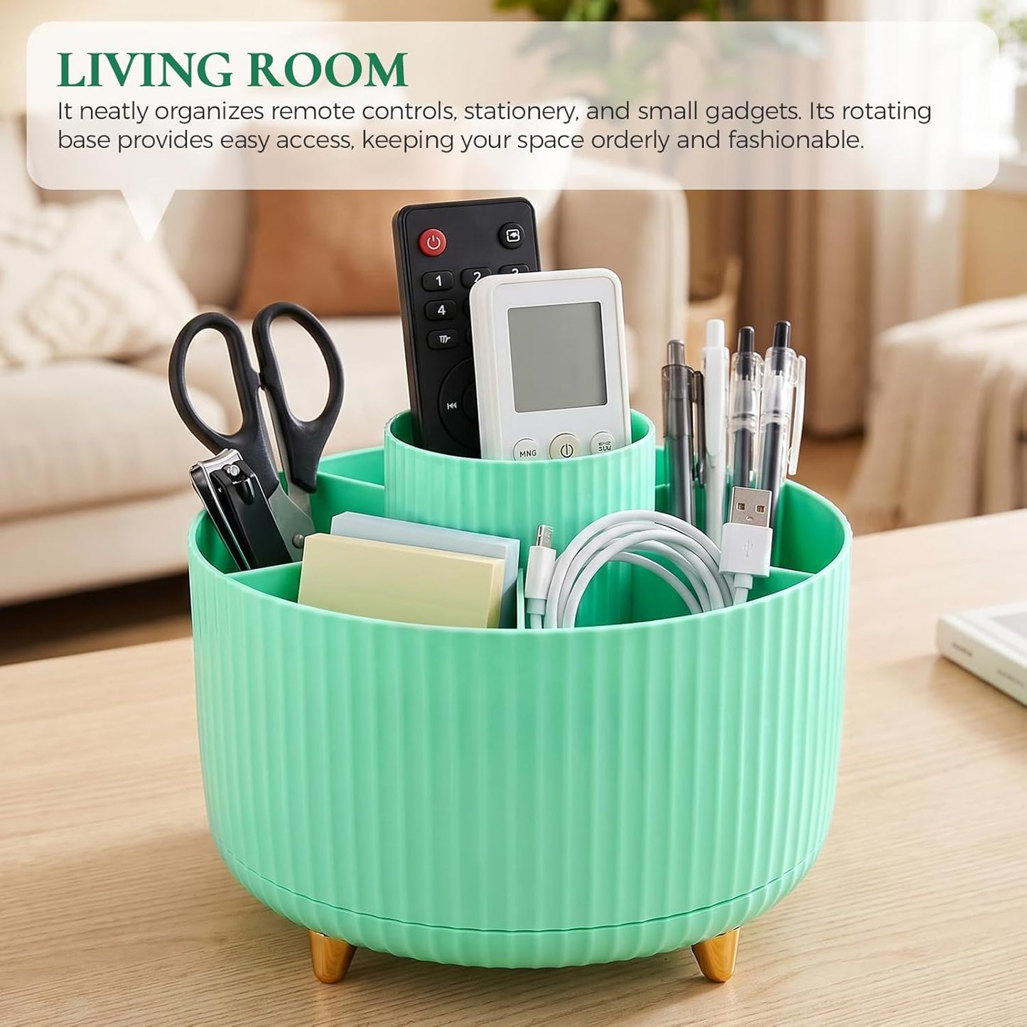 KONVINIT Pencil Pen Holder for Desk, 5 Slots 360 - Degree Rotating Desktop Organizer, Cute Desk Organizers and Accessories for School, Home, Office and Art Supply, Beige