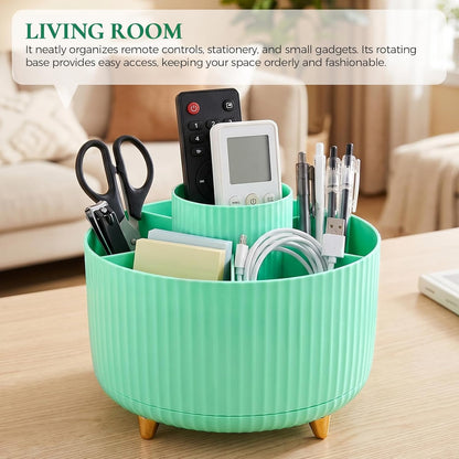 KONVINIT Pencil Pen Holder for Desk, 5 Slots 360 - Degree Rotating Desktop Organizer, Cute Desk Organizers and Accessories for School, Home, Office and Art Supply, Beige