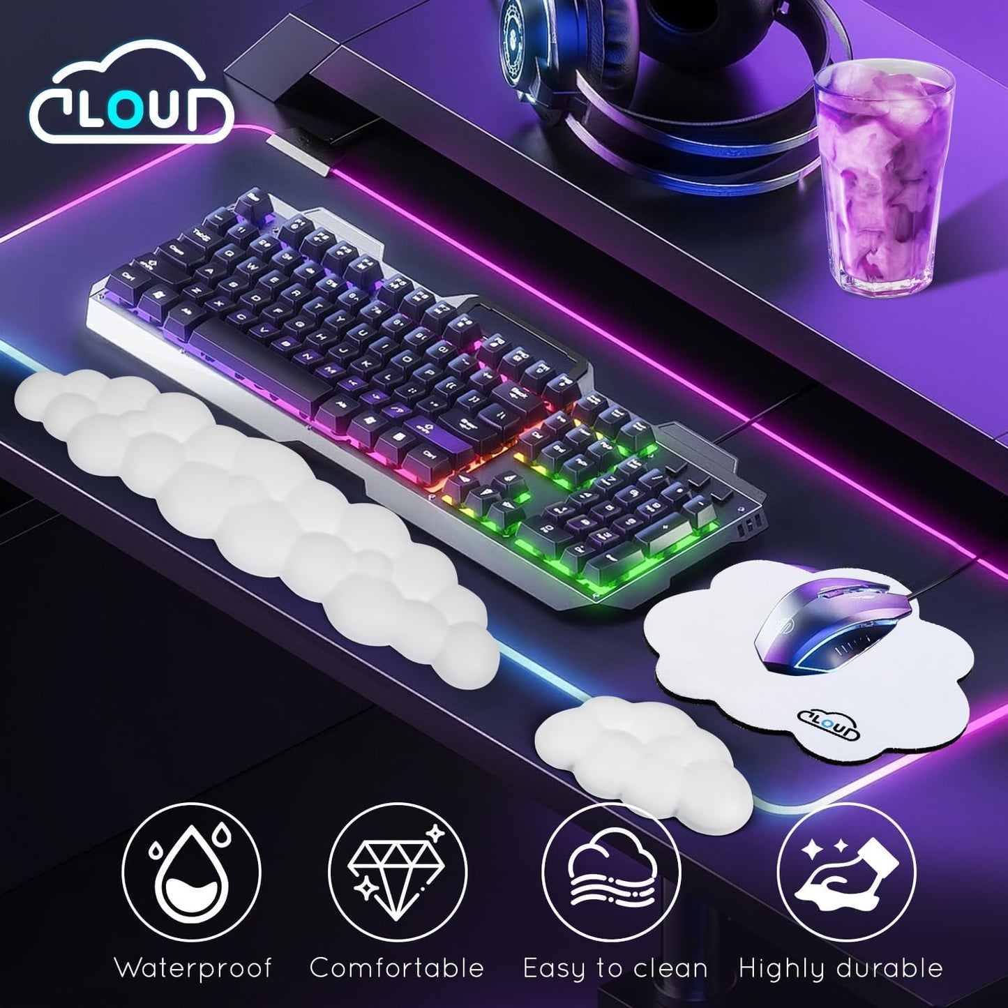 Cloud Wrist Rest for Computer Keyboard Arm Wrist Rest with Non-Slip Base Extended Wrist Rest Ergonomic Memory Foam for Keyboard and Mouse Typing Pain Relief, Office, Gaming, Computer