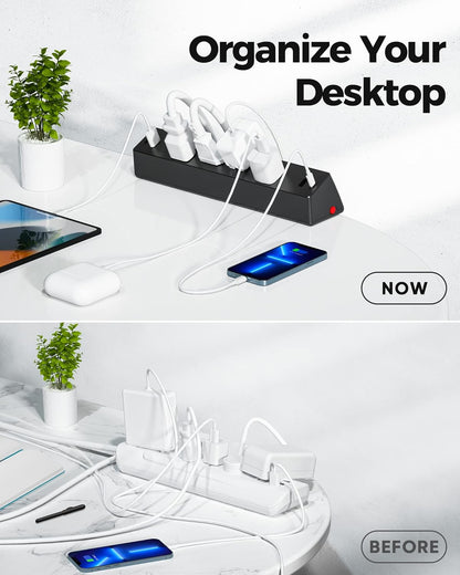Desk Clamp Power Strip, Flat Plug Fast Charging Station, Desk Mount Surge Protector with PD 20W USB C Ports, Fit 1.7 inch Tabletop Edge Thick, Desktop Outlets for Home Office.