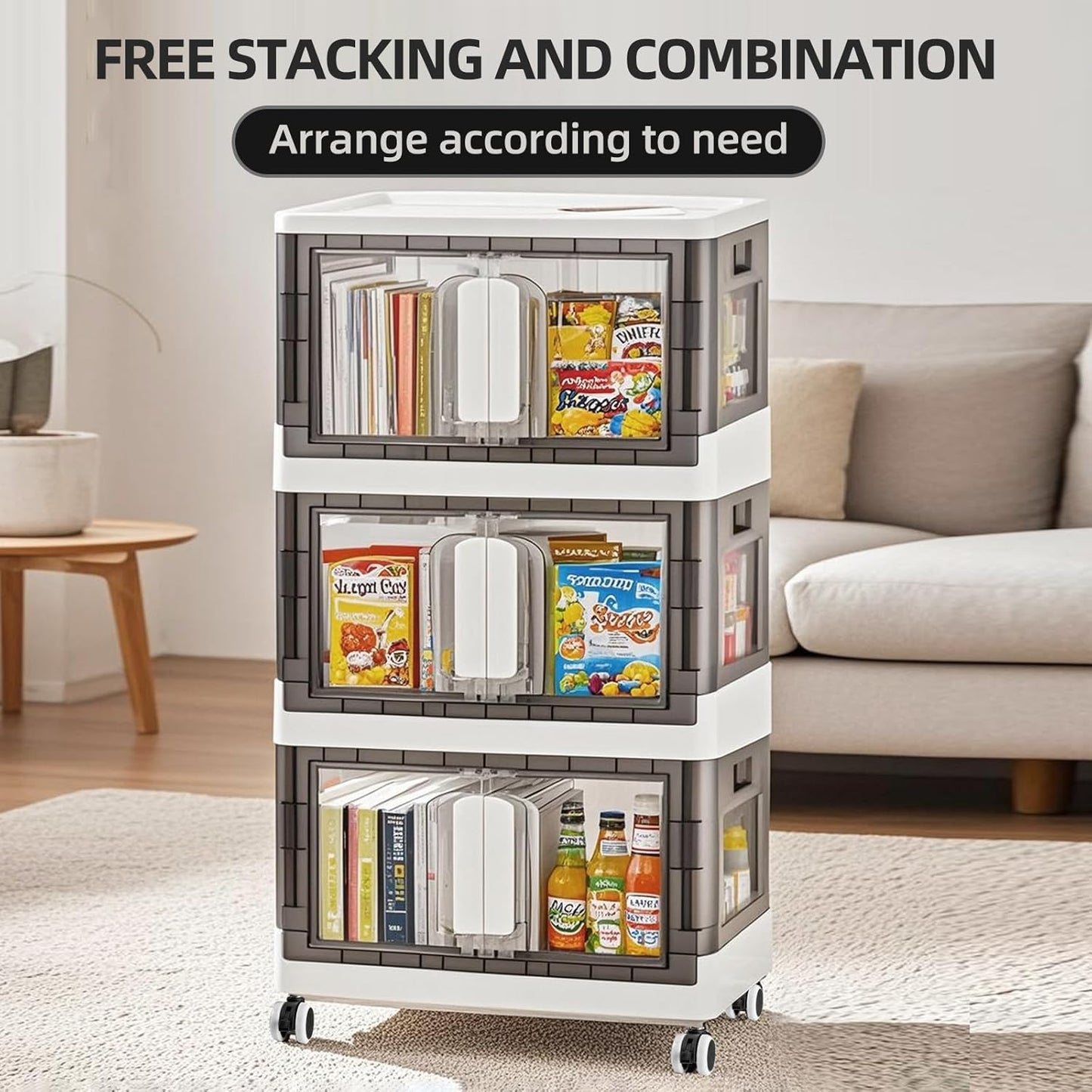 Folding Storage Organizer with Silent casters | Stackable Design for Home & Office, Heavy-Duty Plastic Storage Bin with Clear Door, 3 Sizes (19.5/23.5/27.5in),Black/White (23.6" 1 layer, White)