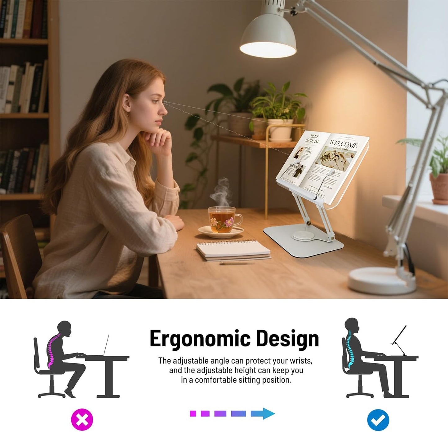 Acrylic Book Stand for Reading Hands Free - Adjustable 360° Rotating Cookbook Holder with Elastic Page Clips & Foldable Base, Multi-Angle Desktop Display Stand for Recipes, Textbooks, Tablets, Bibles