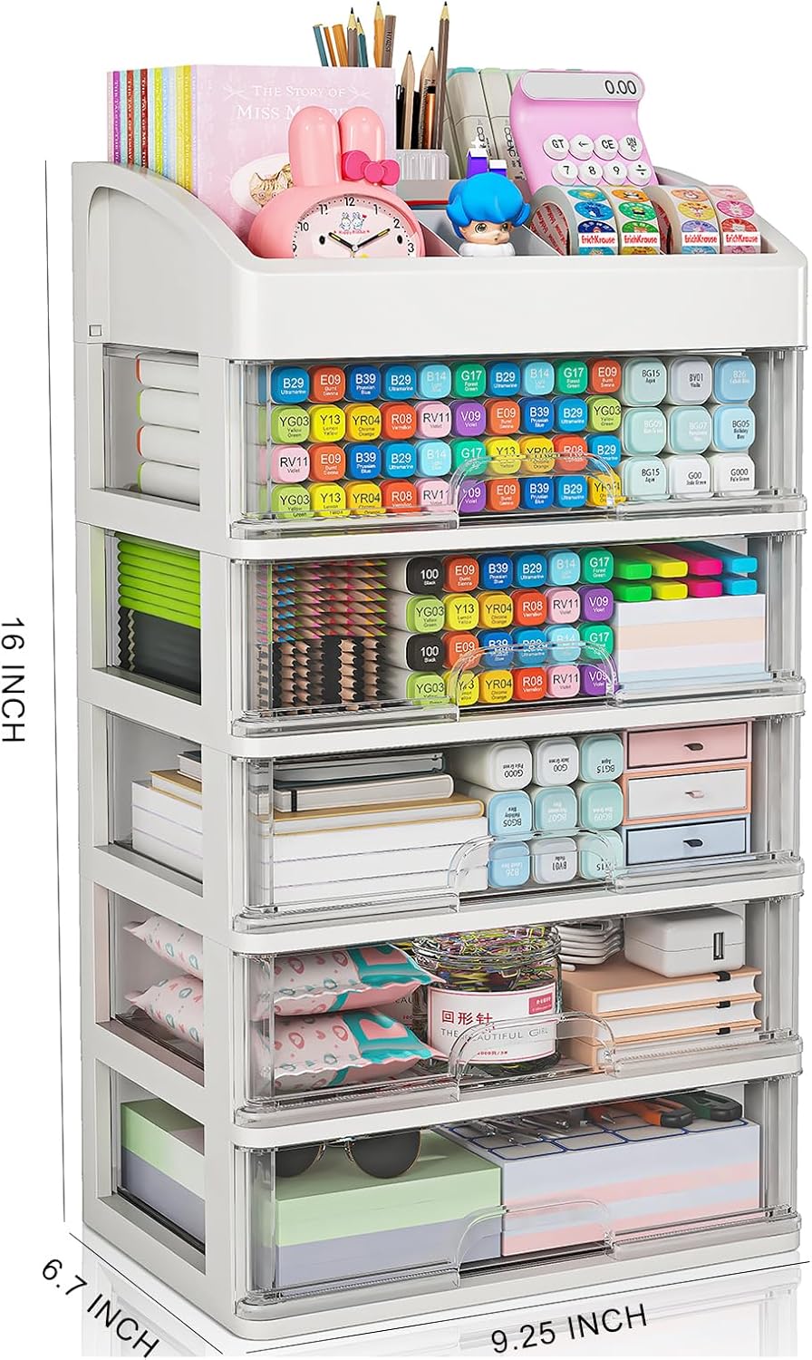 Desk Organizer with 4 Drawer Storage, Desktop Drawers Organizer for Office/School Supplies, Plastic Stationary Makeup Organizer, Desk Storage Box Organizer for Office, School, Bathroom
