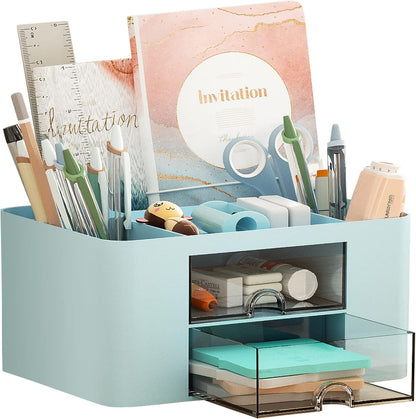 Marbrasse Pen Organizer with 2 Drawer, Multi-Functional Pencil Holder for Desk, Desk Organizers and Accessories with 5 Compartments + Drawer for Office Art Supplies (White)